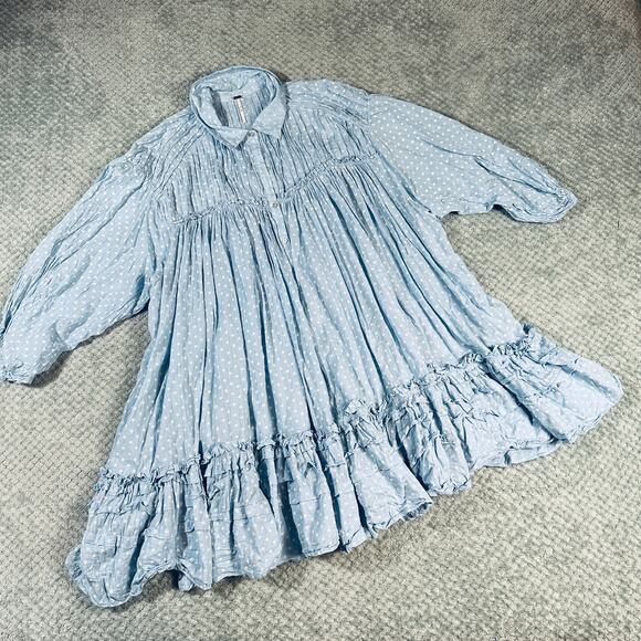 FREEPEOPLE FULL SWING MINI DRESS Light Blue Floral Babydoll Long Sleeve Sundress - Picture 2 of 8